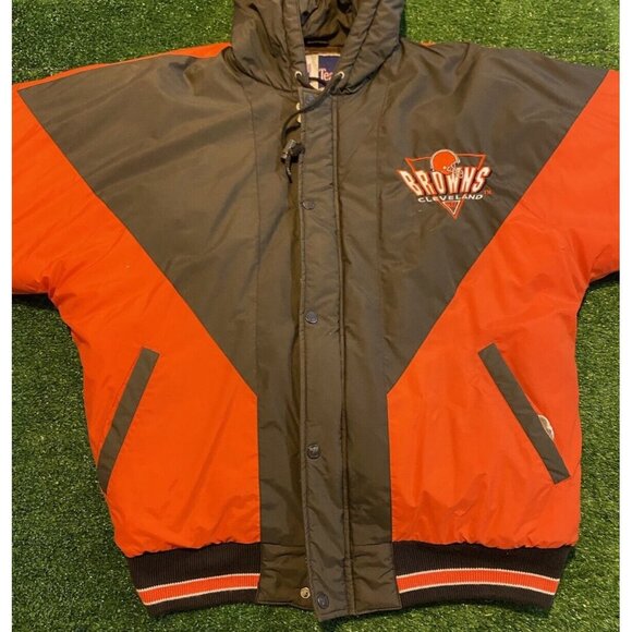 Vintage Cleveland Browns jacket mens large orange brown puffer full zip hood RK